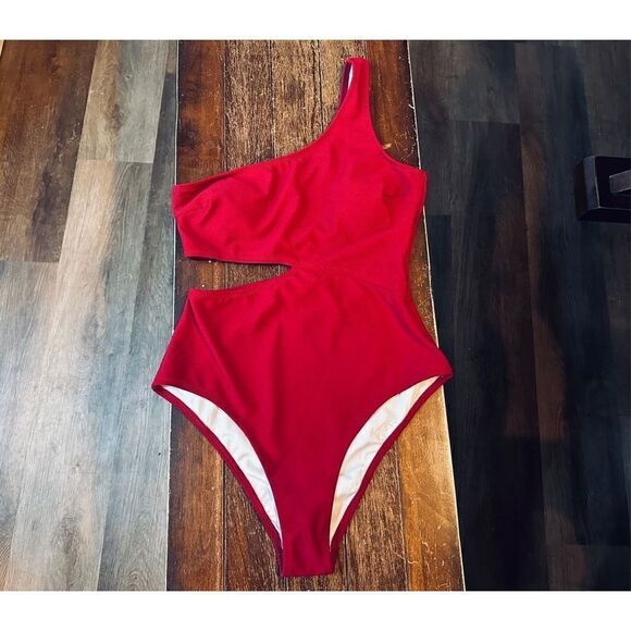 CUPSHE Women's One Piece Swimsuit One Shoulder Cut Out Ribbed Swimwear - Picture 2 of 5